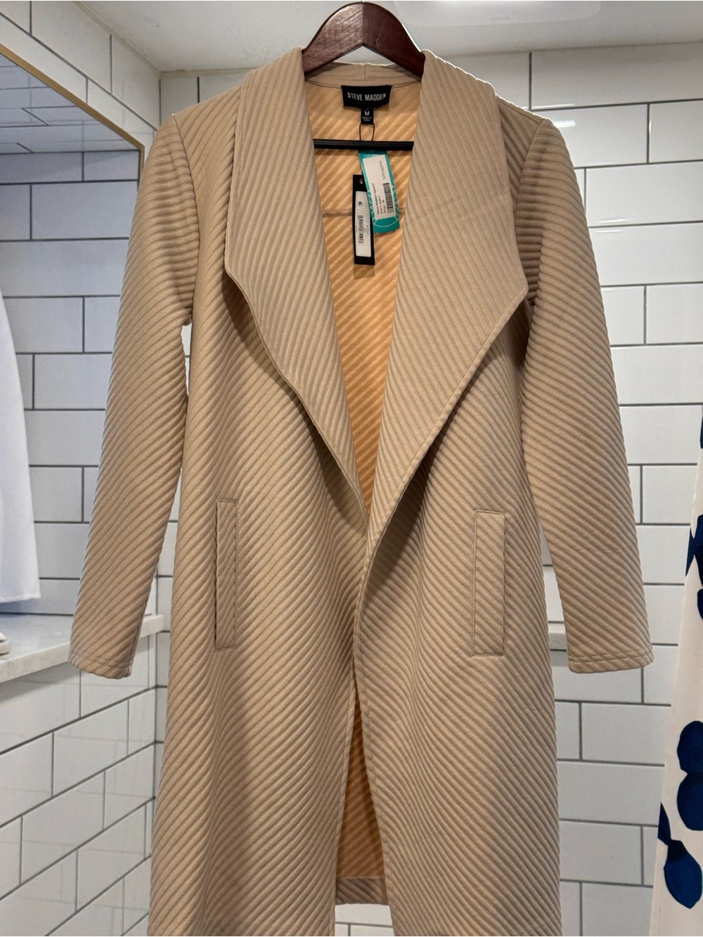 NWT STEVE MADDEN Cream Textured Open Front Shawl Collar Long Cardigan Coat M